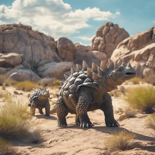 負けず嫌いなアンキロサウルスのコンビが灼熱の昼間に岩の砂漠をパトロールしている風景 壁紙 [391cb339165242379c4e]