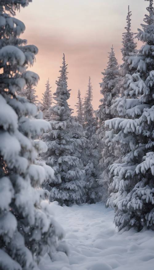 Un patrón sin costuras con temática invernal de pinos cubiertos de nieve brillante, sobre un cielo frío y crepuscular.