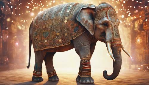Grafika koncepcyjna słonia indyjskiego z mistycznymi, świecącymi, misternymi wzorami na ciele, przypominającymi obchody indyjskiego festiwalu.