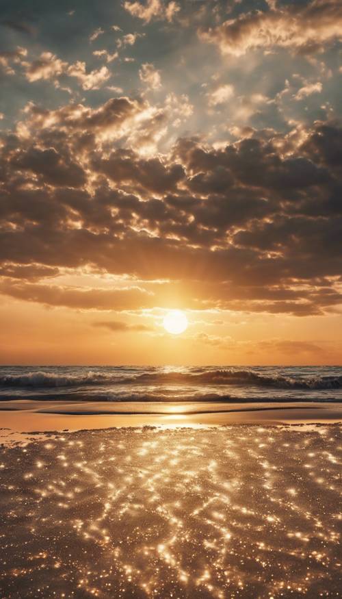 שקיעה מוזהבת מעל חוף רגוע, יוצרת מסלול של אור על המים