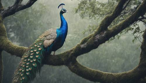 A weary peacock perched on a large branch during a gloomy rainy day, tail feathers overlaying each other, creating artistic patterns.