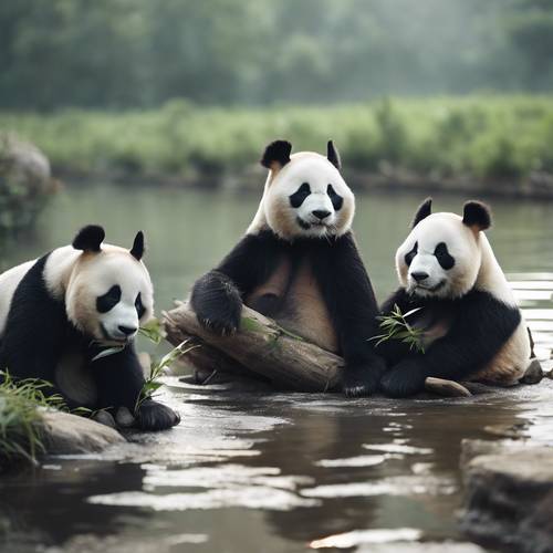 A group of pandas chilling out on a cool evening by the side of a misty river.
