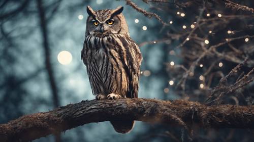 Un vieux hibou sage perché sur une branche dans la forêt au clair de lune.