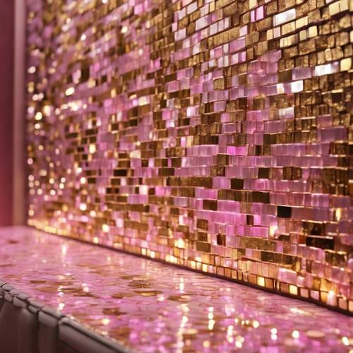 Une mosaïque de verre rose et or illuminant avec grâce les murs d’un spa luxueux.