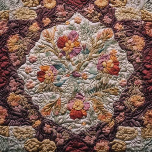 Intricati motivi floreali su una trapunta artigianale dal design tradizionale.
