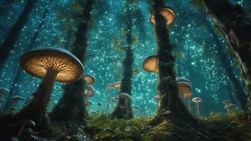 Una escena ambientada en un bosque encantado de árboles altísimos, cubiertos de enredaderas y hongos bioluminiscentes, bajo un cielo iluminado por las estrellas.