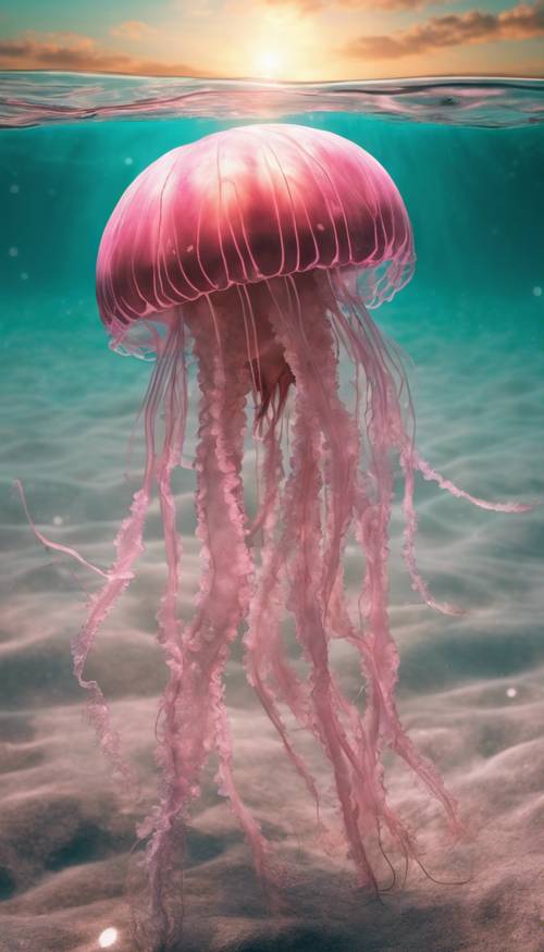 粉紅色的桶狀水母在碧綠的海洋中優雅地起舞，倒映著夕陽。