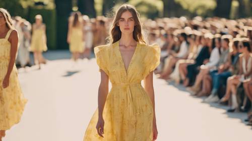 A vibrant fashion show runway with a model strutting in a light yellow summer dress.