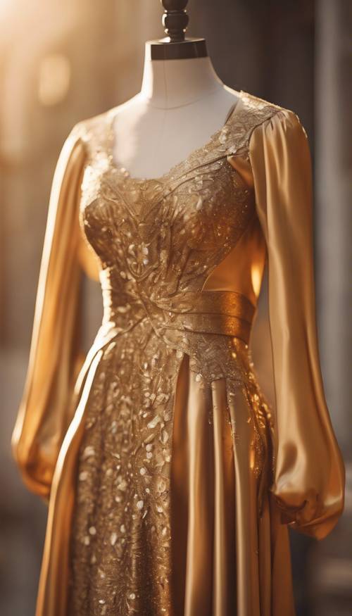 Sıcak güneş ışığını yansıtan lüks altın rengi ipek elbisenin yakından görünümü.