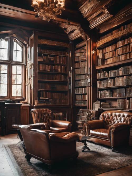Biblioteca antiga e aconchegante com cadeiras de couro e lareira.