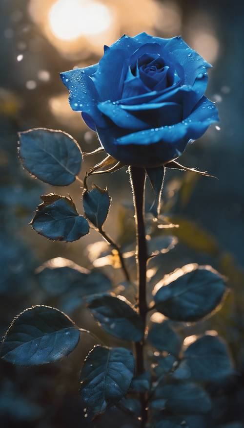 Una rosa azul brillante bajo la luz de la luna en un jardín tranquilo.