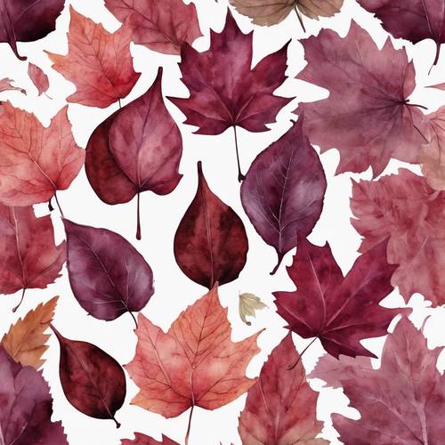 落ち葉のバーガンディ色の水彩柄壁紙　