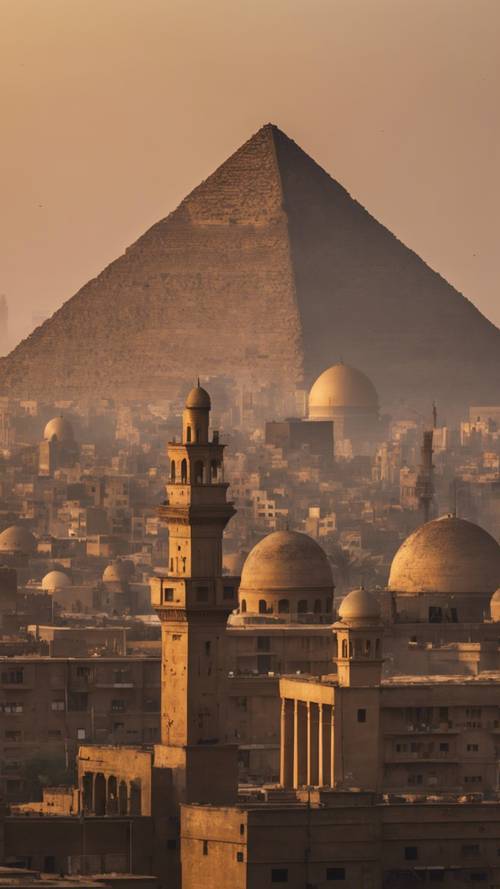 Uma silhueta do horizonte do Cairo mostrando as pirâmides na hora dourada.