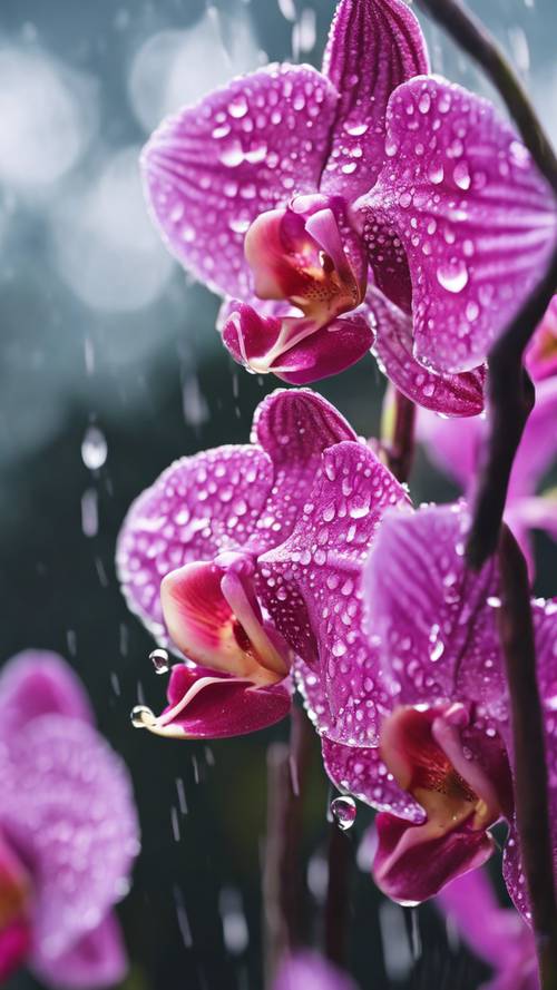 A close-up of a neon pink orchid dotted with rain droplets.