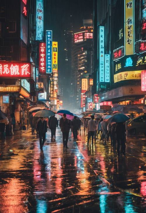 The bustling streets of Shanghai at night with neon lights reflecting off the rain-soaked pavement.