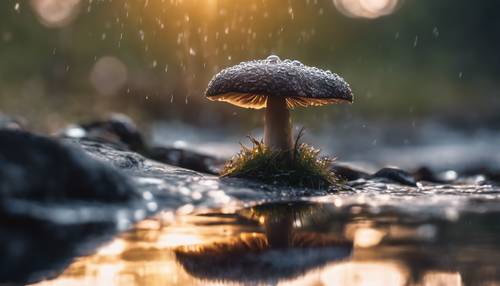 A dew-kissed dark mushroom standing alongside a sparkling stream during sunrise.