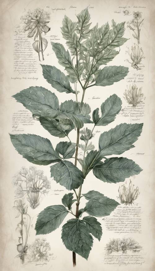 Ilustração botânica detalhada desenhada à mão de uma planta de folha prateada com anotações em latim.