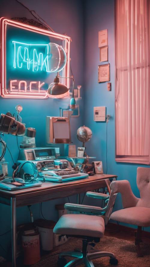 Căn phòng theo chủ đề Y2K màu xanh nhạt với đồ nội thất cổ điển và bảng hiệu đèn neon