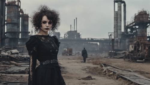 A girl in gothic attire wandering through an industrial wasteland.