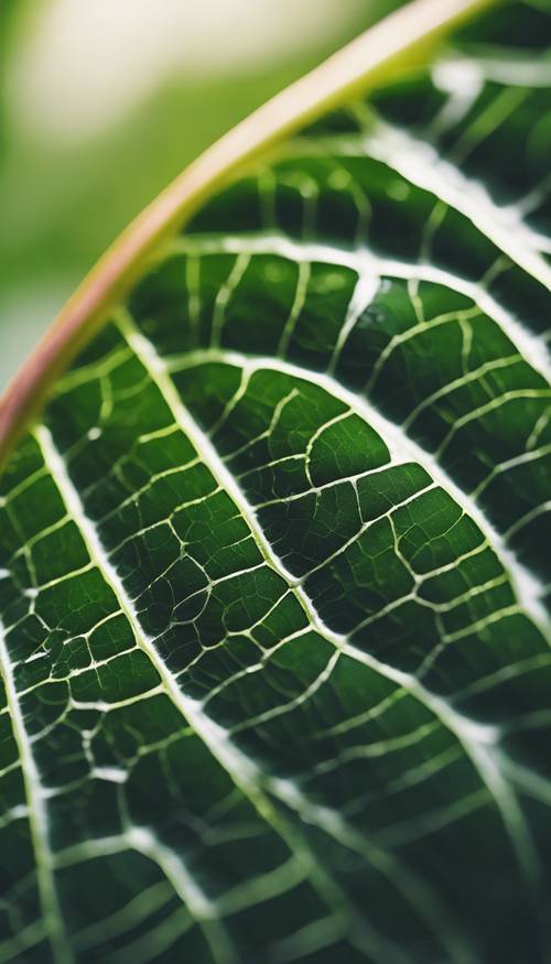 Artystyczne makro przedstawiające skomplikowaną żyłkowatą strukturę świeżego liścia tropikalnego.