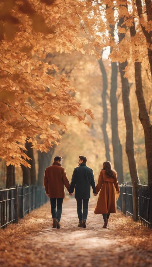 一对年轻情侣浪漫地手牵手沿着铺满树叶的小路漫步，周围是色彩鲜艳的雄伟枫树。
