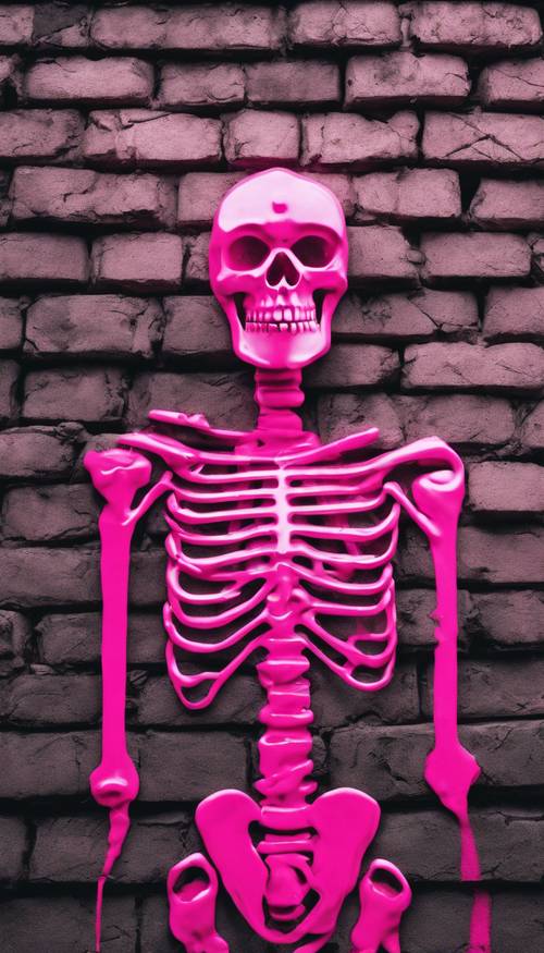 A neon pink skeleton graffiti spray painted on a brick wall.
