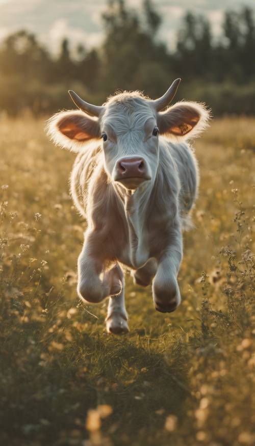An adorable baby blue cow running joyfully in a meadow during the golden hour.
