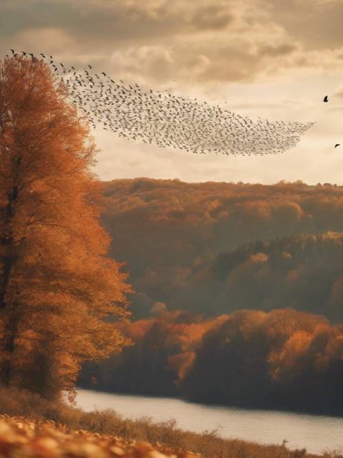 Une volée d’oiseaux volant vers le sud au-dessus d’un paysage aux teintes automnales.