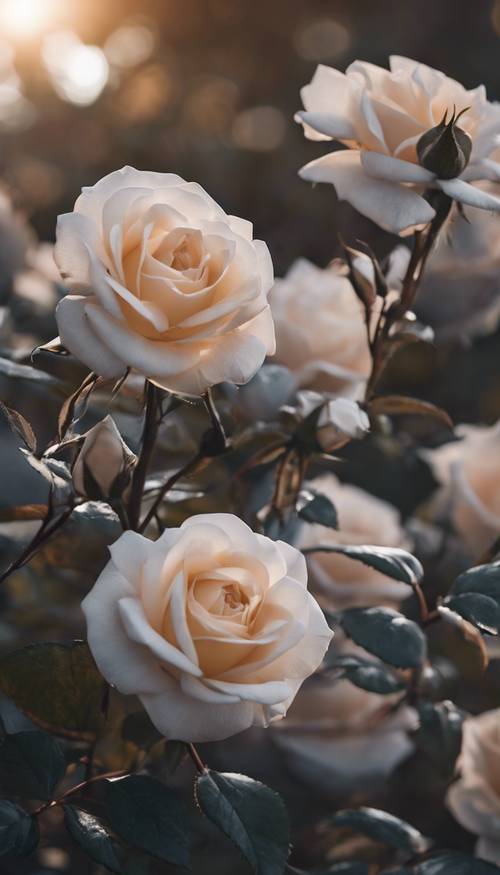 Gray roses with their intricately-detailed petals, bathed in the soft glow of the setting sun.