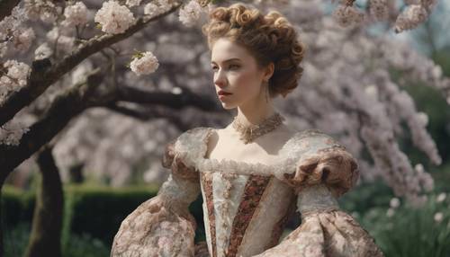 An aristocratic young woman dressed in a detailed and ornate Elizabethan gown in a garden of blossoms. Тапет [3c5985d60c8f4922b963]