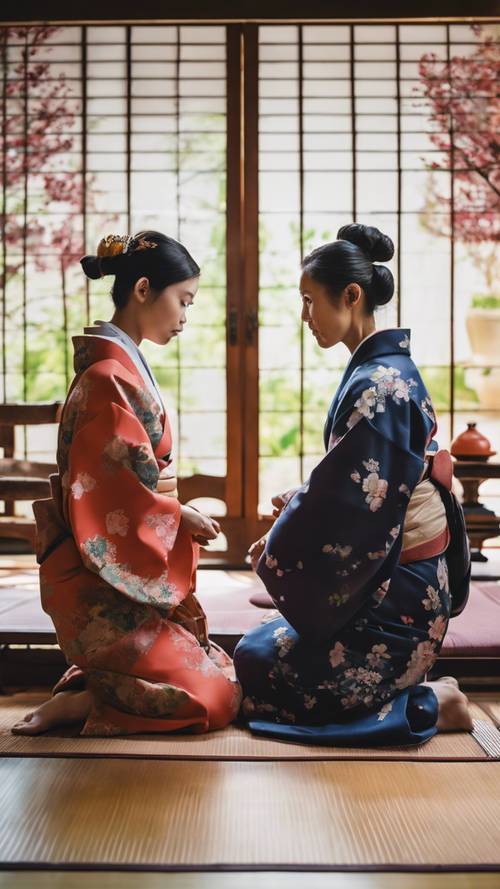 Ein junges Mädchen und ihre Großmutter nehmen an einer japanischen Teezeremonie teil. Beide tragen farbenfrohe Kimonos und sind in tiefe Konzentration versunken.