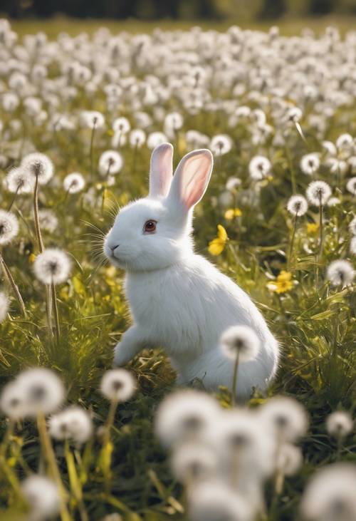 Sekelompok kelinci putih dalam suasana hati yang menyenangkan di padang rumput yang dipenuhi dandelion berangin.