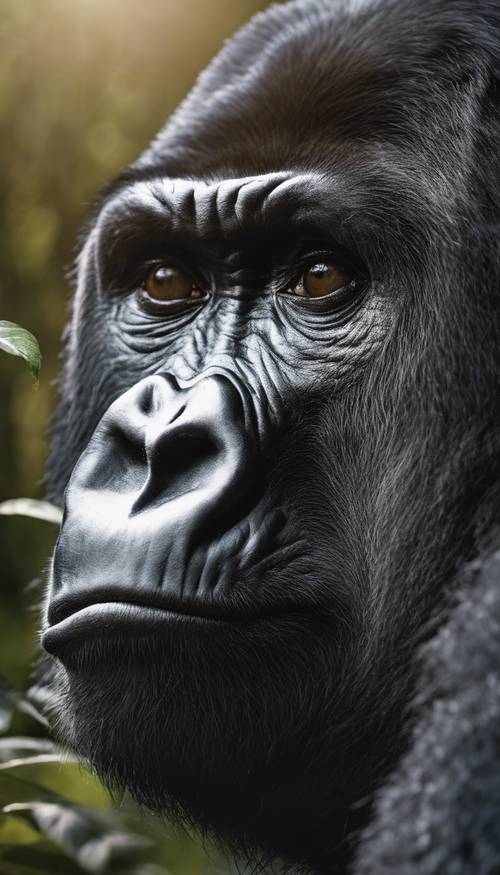 A detailed close-up portrait of a calm mountain gorilla contemplating in the delicate morning light.
