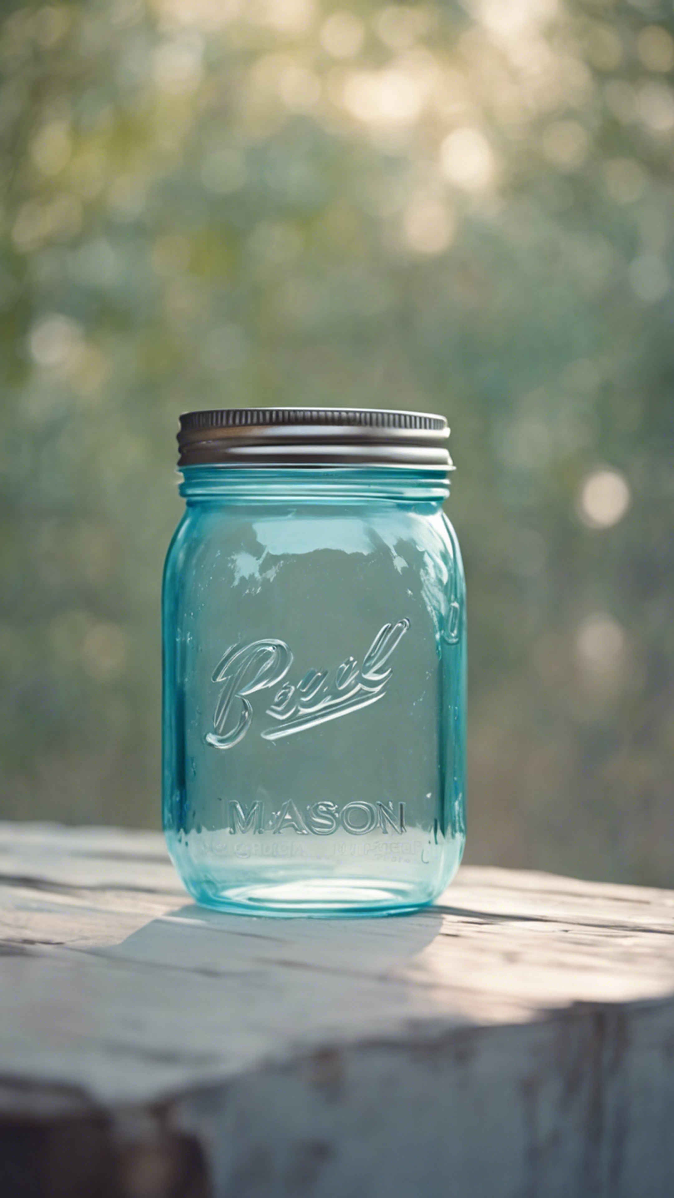 An empty pastel blue mason jar on a light wooden surface. Валлпапер[960c3efc86e9492fa94d]