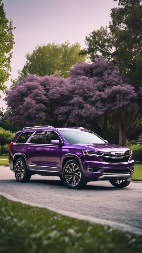 Un SUV nuevo, de color púrpura brillante, estacionado en un camino suburbano con árboles verdes al fondo.