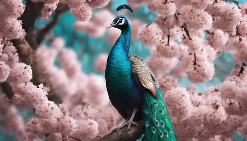 Un pavone verde acqua orgoglioso ed elegante in piedi tra gli alberi di ciliegio in fiore durante la primavera.