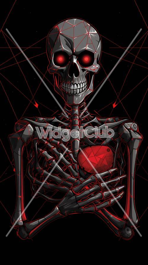 Esqueleto espeluznante sosteniendo un corazón rojo