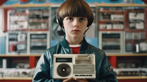 A boy with a bowl-cut hairstyle, wearing a bomber jacket and holding a walkman, in a 1990s backdrop. Tapeta [fdd77fd70925416680a0]