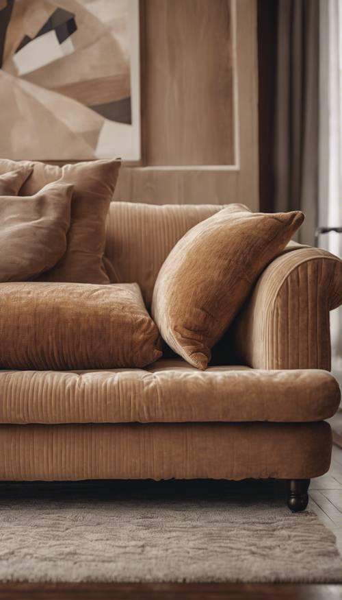 Удобный вельветовый диван коричневого цвета в уютной обстановке гостиной.