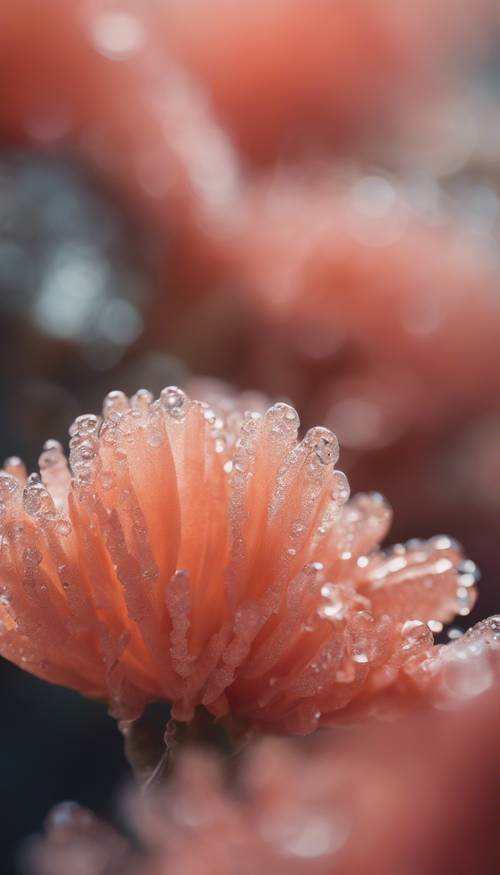 Closeup kelopak bunga karang ditaburi embun pagi.