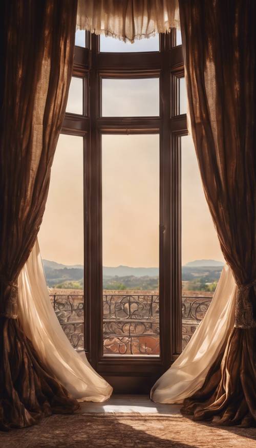 Trabalho detalhado de fios em luxuosas cortinas de seda marrom emoldurando uma janela pitoresca.