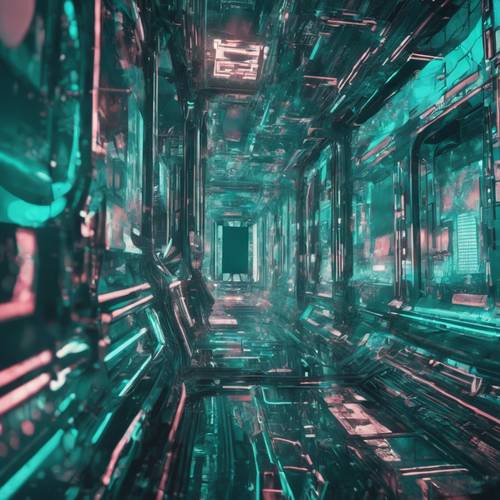 An abstract digital art piece influenced by Y2K and cyberpunk aesthetics, incorporating various shades of teal.