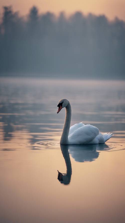 A single love-struck swan swimming alone in a desolate lake under the pallid glow of a gloomy moon.