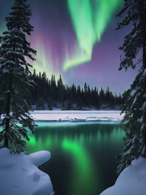 An awe-inspiring view of the Northern Lights dancing over a tranquil frozen lake surrounded by evergreen trees.