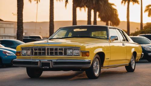 Um carro amarelo da era Y2K estacionado em frente a uma fileira de palmeiras ao pôr do sol. Papel de parede [264f29a8d7d7423aa19d]