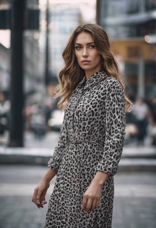 Стильная молодая женщина в сером платье с леопардовым принтом в городской обстановке.