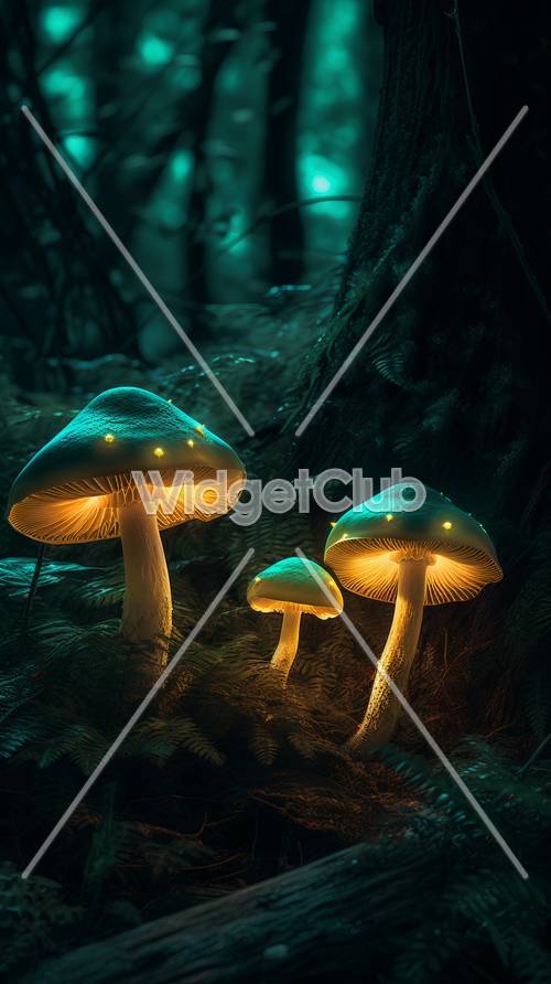 Cogumelos brilhantes em uma floresta mágica