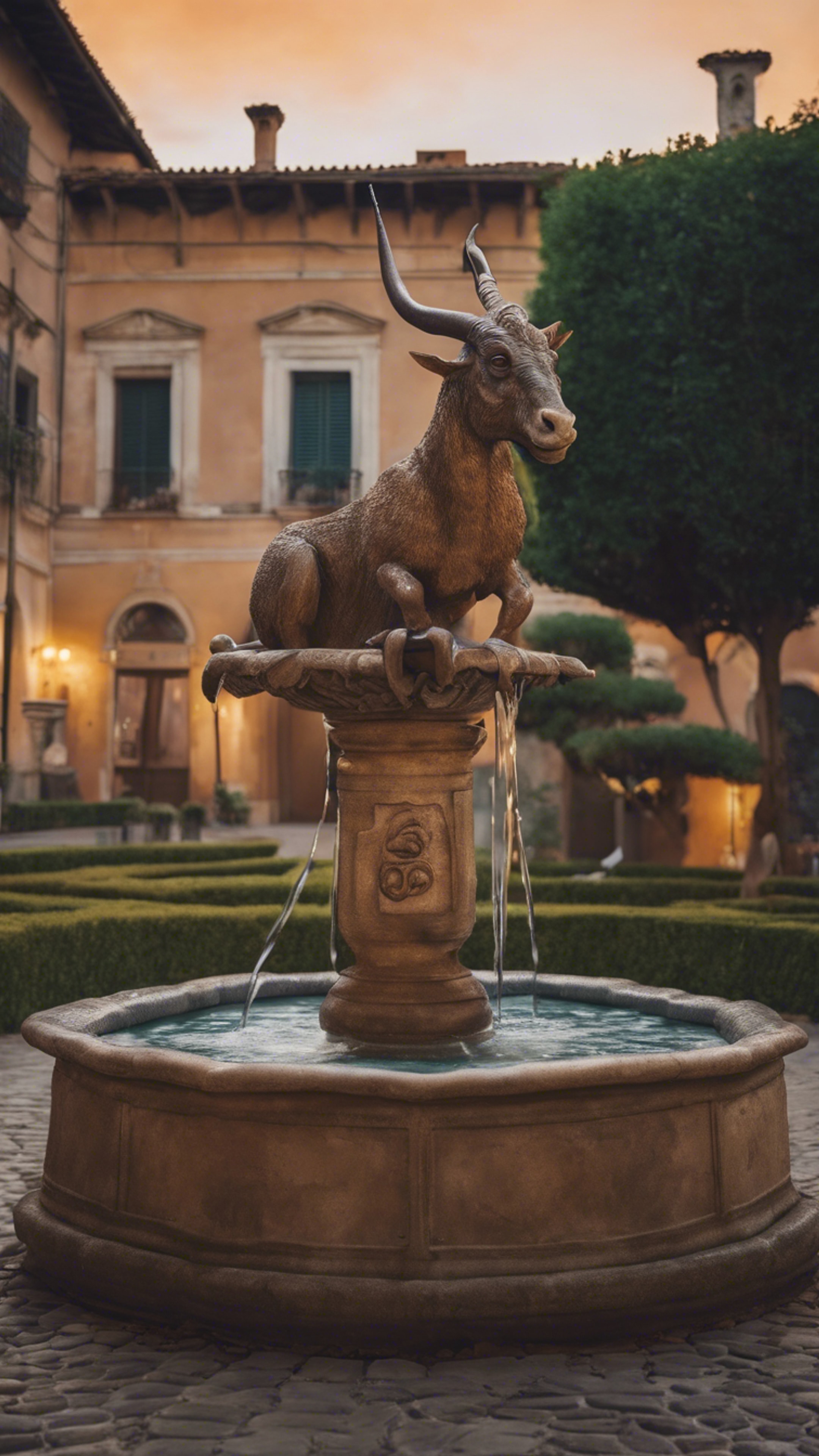 A Capricorn-themed water fountain in the middle of an Italian-style courtyard at dusk. Wallpaper[9dcd863d0fa04895bdb5]