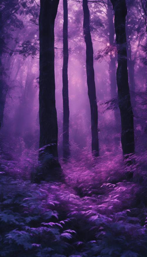 Una foresta lussureggiante e mistica, con alberi imponenti dipinti nei toni del blu notte e del viola brillante.