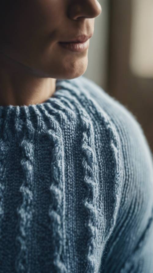 Синий свитер в рубчик, подчеркивающий его вязаную текстуру вблизи при естественном дневном свете.